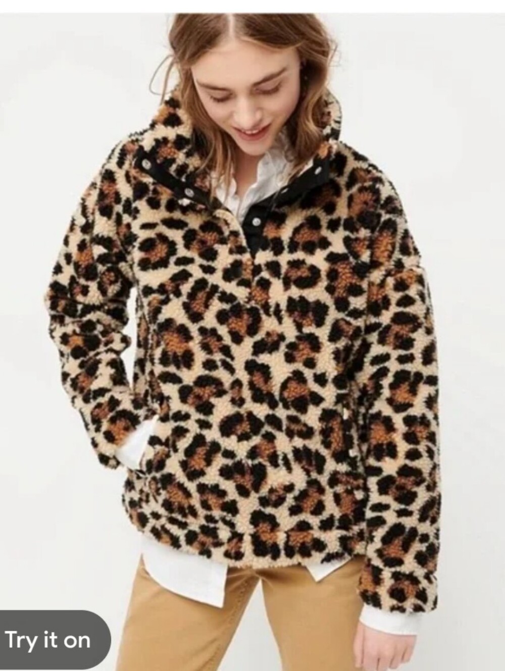 J. Crew Leopard Print Vintage Fleece Jacket in Cream, Brown, Black